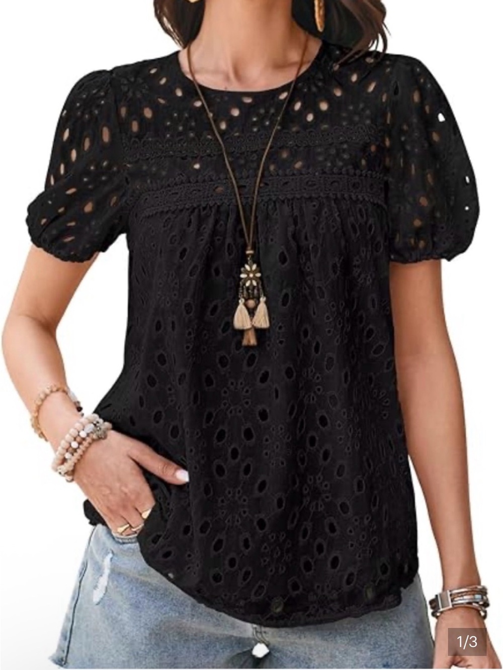 NWT Black Eyelet Puff-Sleeve Women's Top